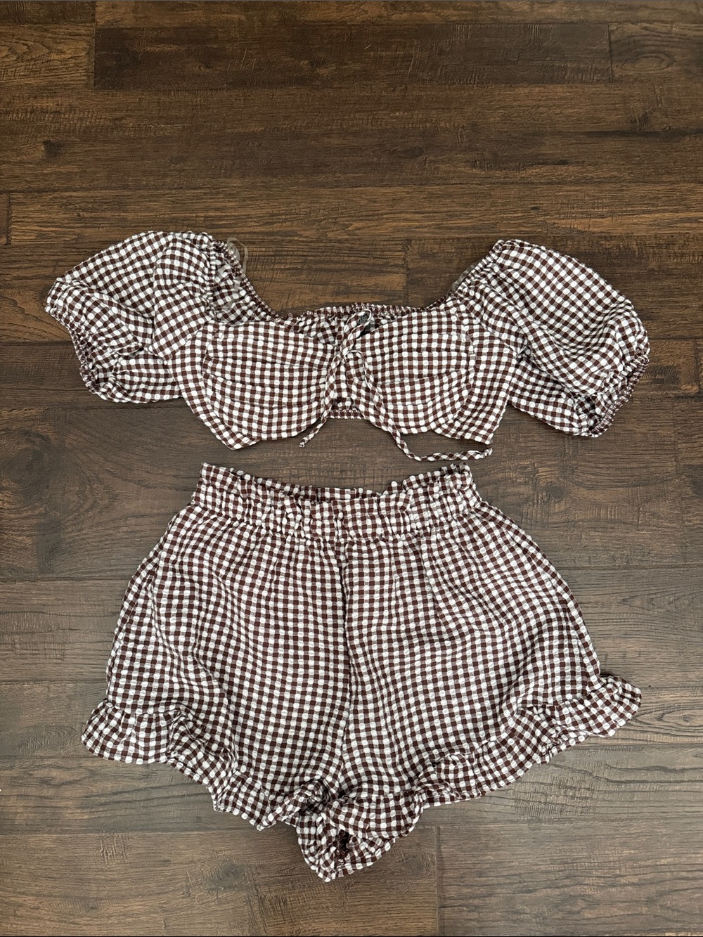 wild fable Brown Gingham Puff-Sleeve Crop Top & High-Waist Shorts Set